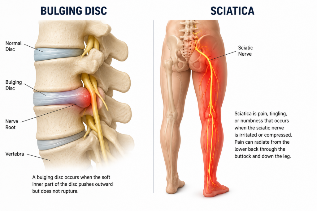 Sciatica vs bulging disc anatomy illustration showing how a bulging spinal disc can irritate a nerve root and cause sciatic nerve pain.