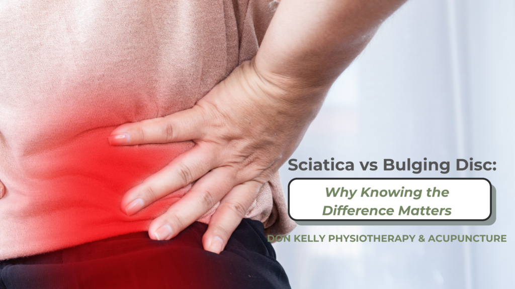 Sciatica vs bulging disc illustration showing lower back pain, sciatic nerve symptoms, and leg pain treated with physiotherapy in Limerick and Charleville.