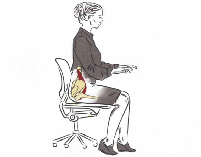 Illustration of a woman sitting at a desk in an office chair with proper posture. The image highlights the pelvis, hip joint, and lower spine to demonstrate how prolonged sitting can place stress on the hips and lower back, potentially contributing to hip pain and discomfort.